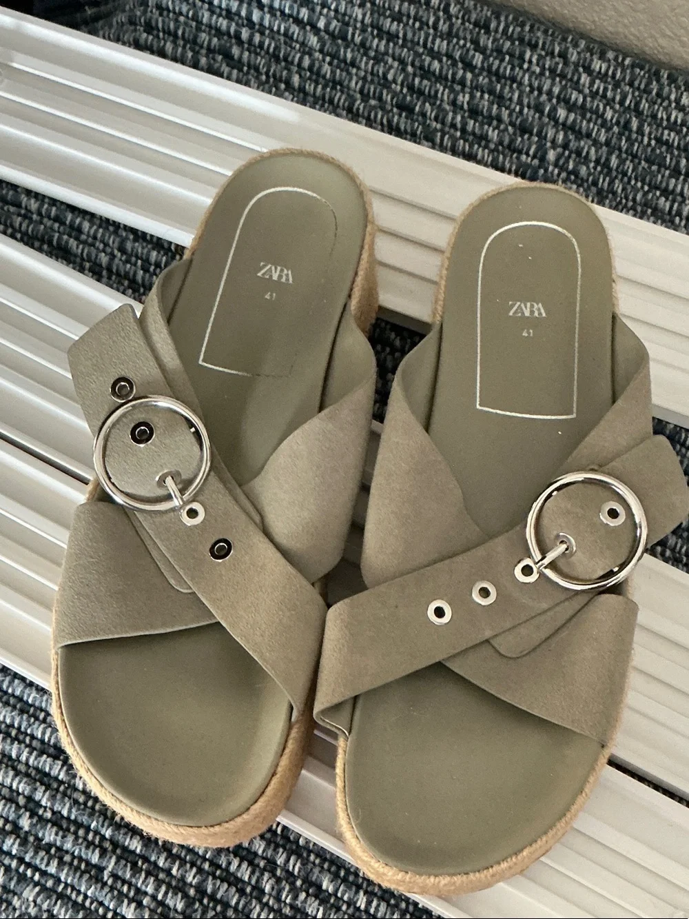 ZARA Olive Green Crisscross Slide Sandals with Silver Buckles